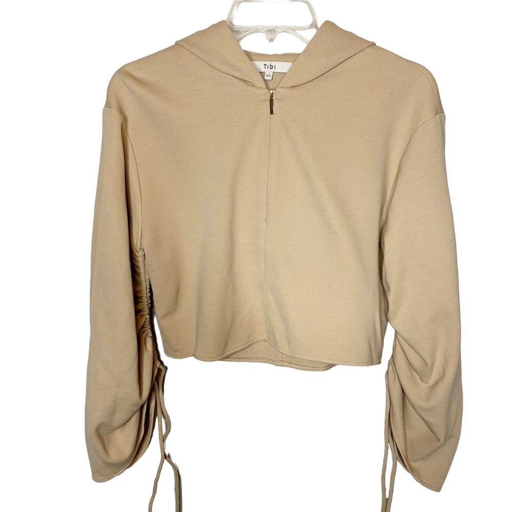 Tibi Viscose Half Zip Pullover Hoodie Women's Size XS Tan Neutral Cinched Sleeve